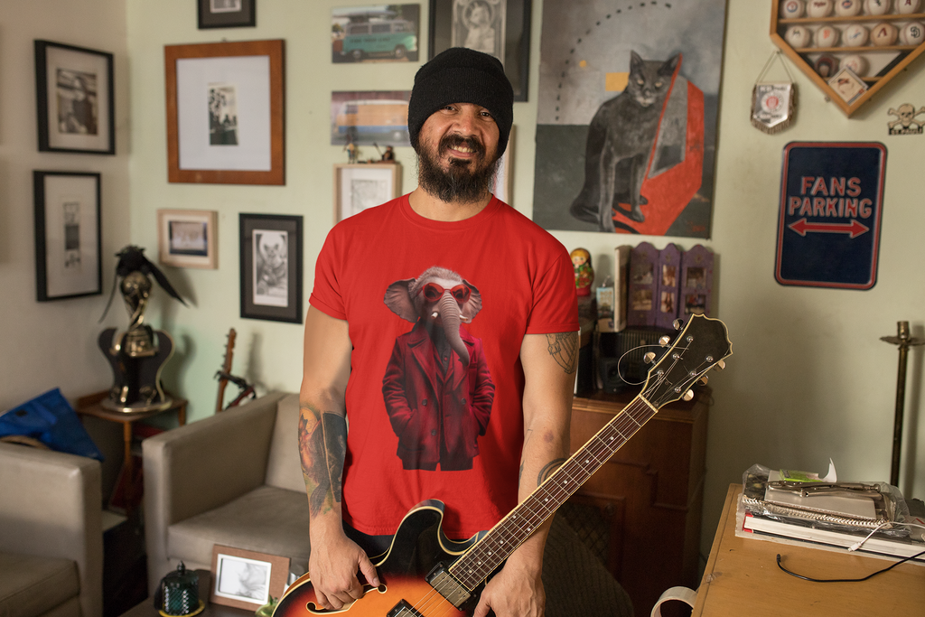 Elephant in Coat Graphic Tee — Stylish Red Oversized Men’s Shirt