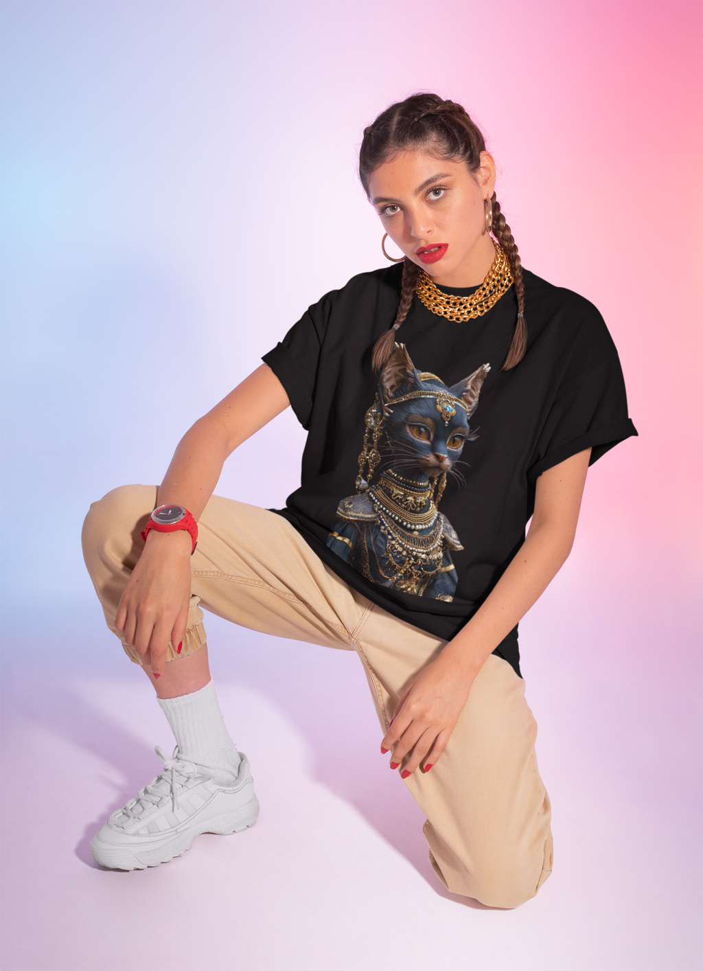 Egyptian Cat Goddess Bust Tee | Anubis Bastet Inspired Cat Portrait Shirt