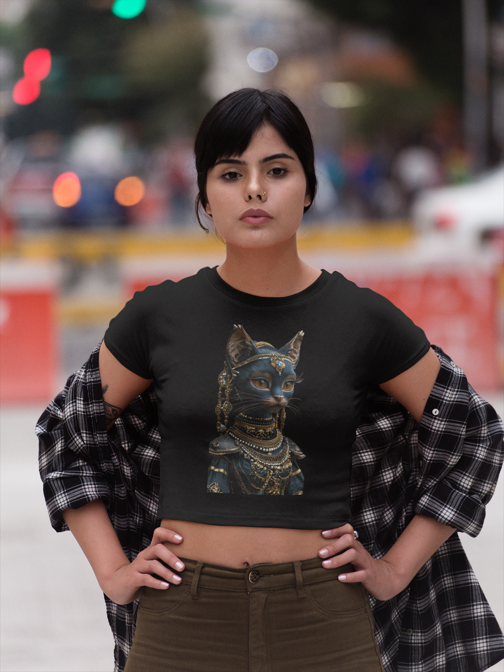Egyptian Cat Goddess Crop Tee | Anubis-Inspired Feline Portrait