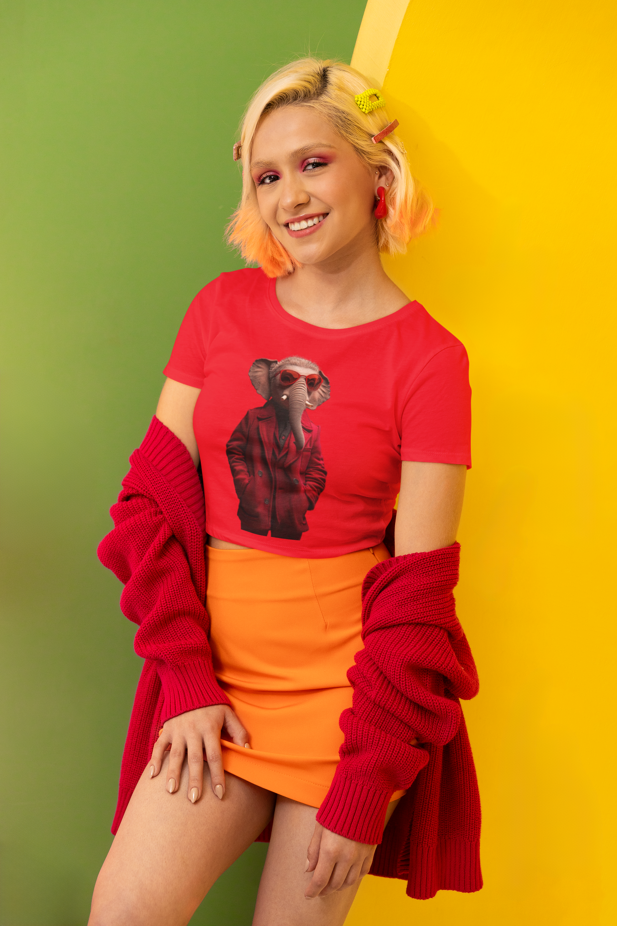 Elephant Cool Crop Tee — Red Fashion Graphic Top