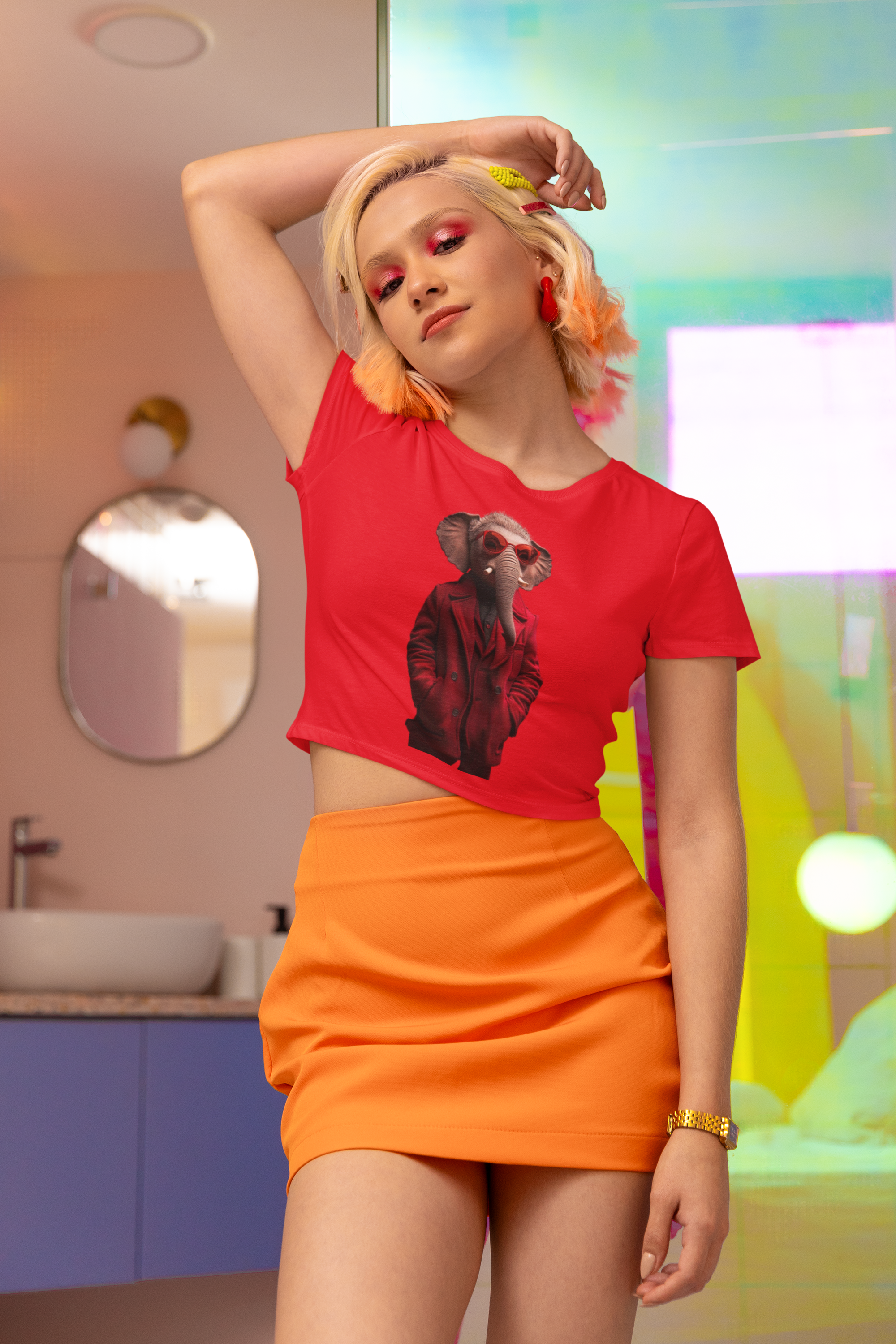 Elephant Cool Crop Tee — Red Fashion Graphic Top