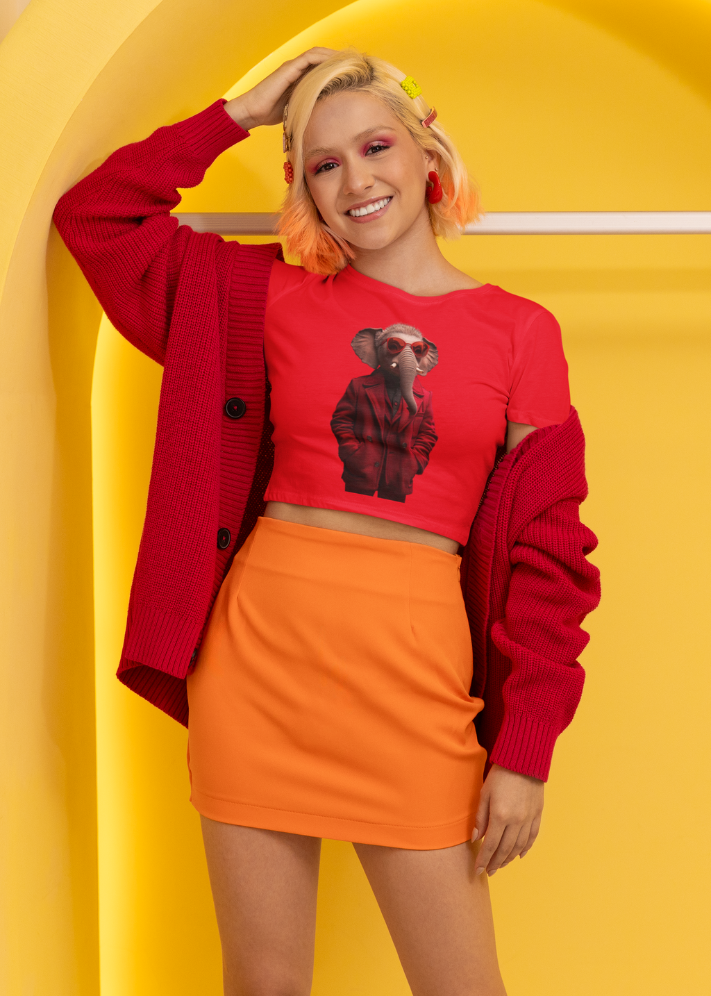 Elephant Cool Crop Tee — Red Fashion Graphic Top